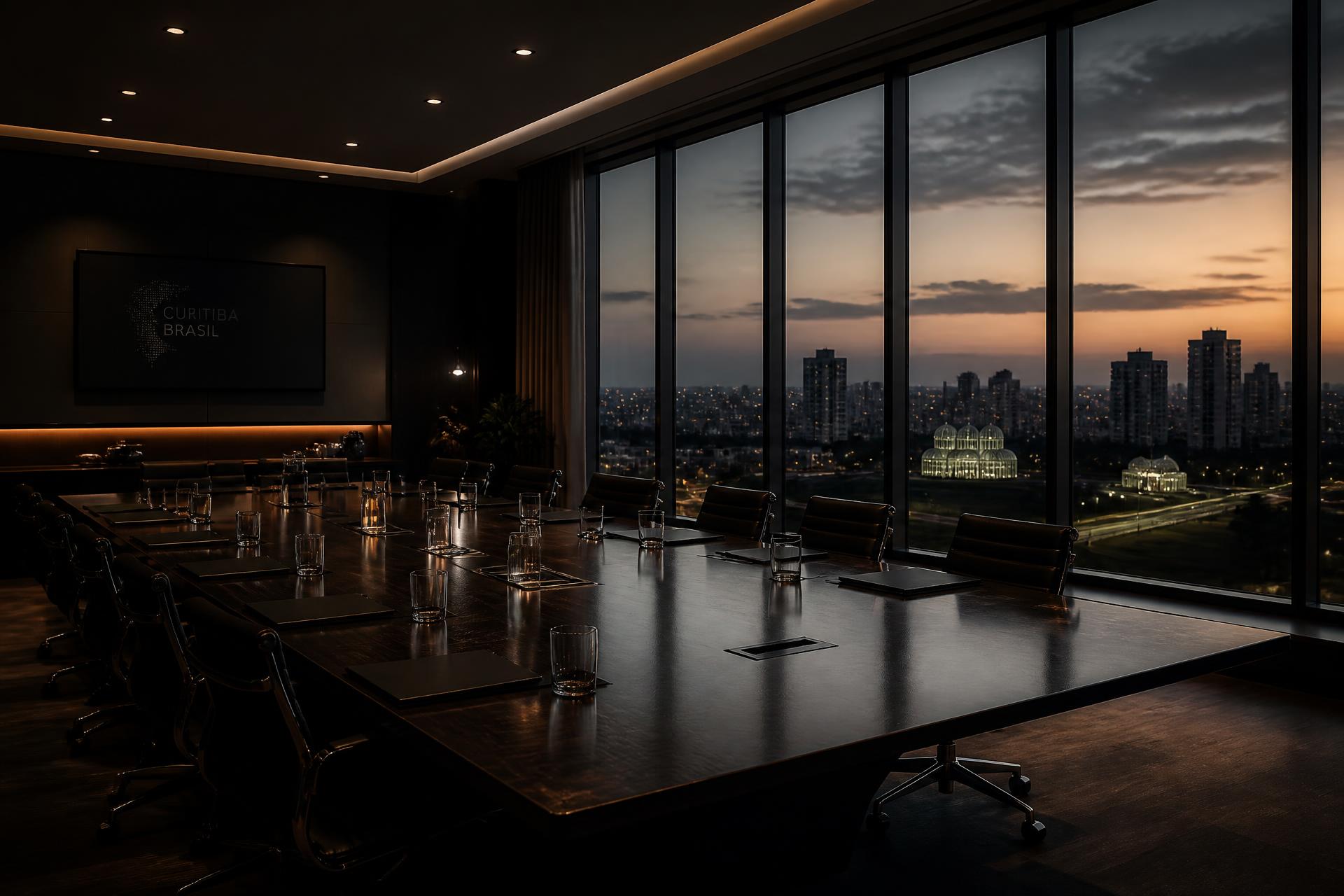 Sala de conselho executivo ao entardecer em Curitiba